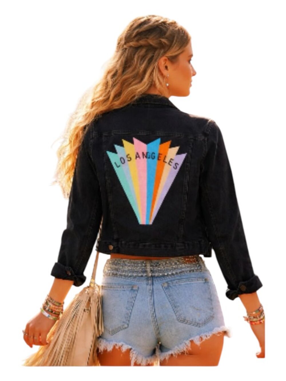 PacSun Womenās XS Black Denim Jacket Los Angeles Graphic Back Stretch